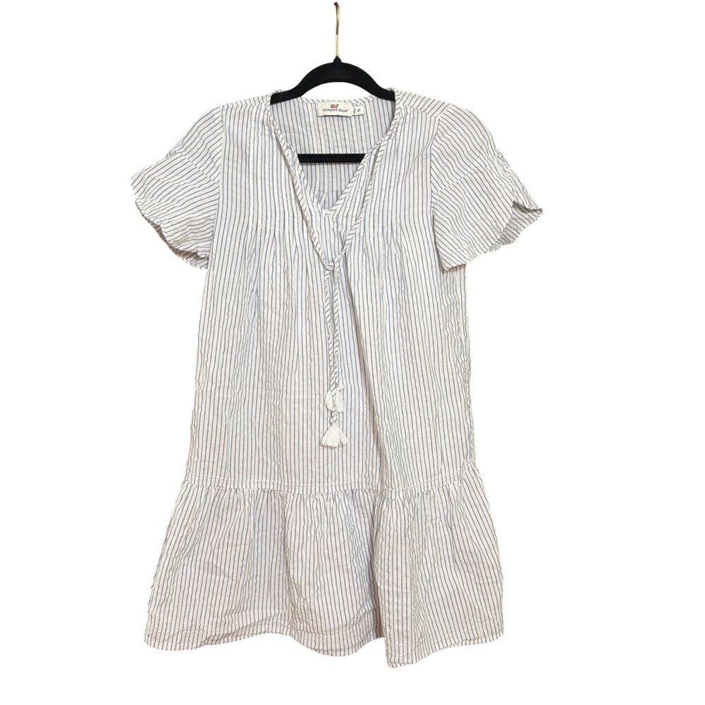Vineyard Vines Striped V Neck Dress Pintuck Flutter Sleeves Tassel Ruffle Sz 00